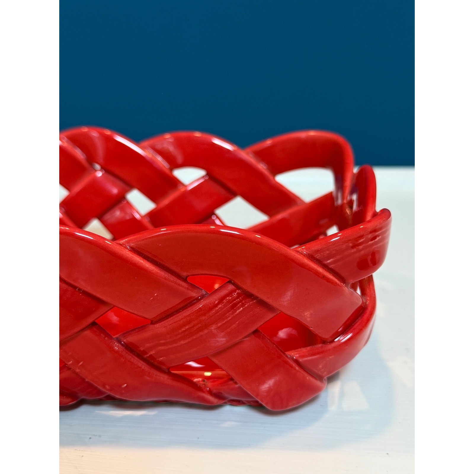 Vintage Primo Gi Red Ceramic Woven Bread Basket Italy Large Weave