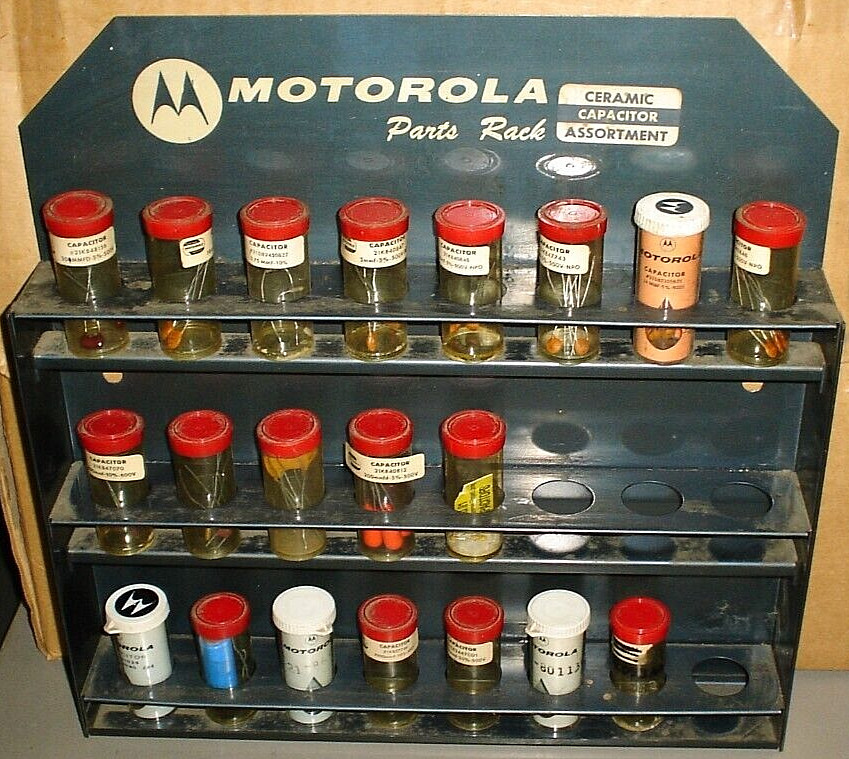 Vintage Motorola Metal Display Parts Rack Ceramic Capacitor Radio Hardware Sign