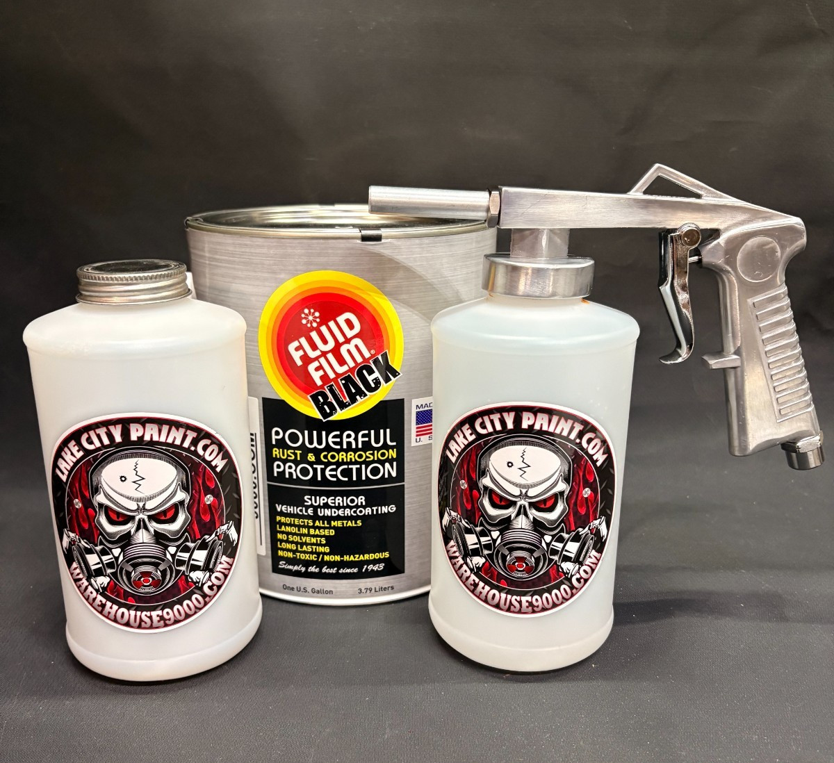 Gallon Fluid Film Black, Standard Undercoating Gun, and 2 White Quart Bottles