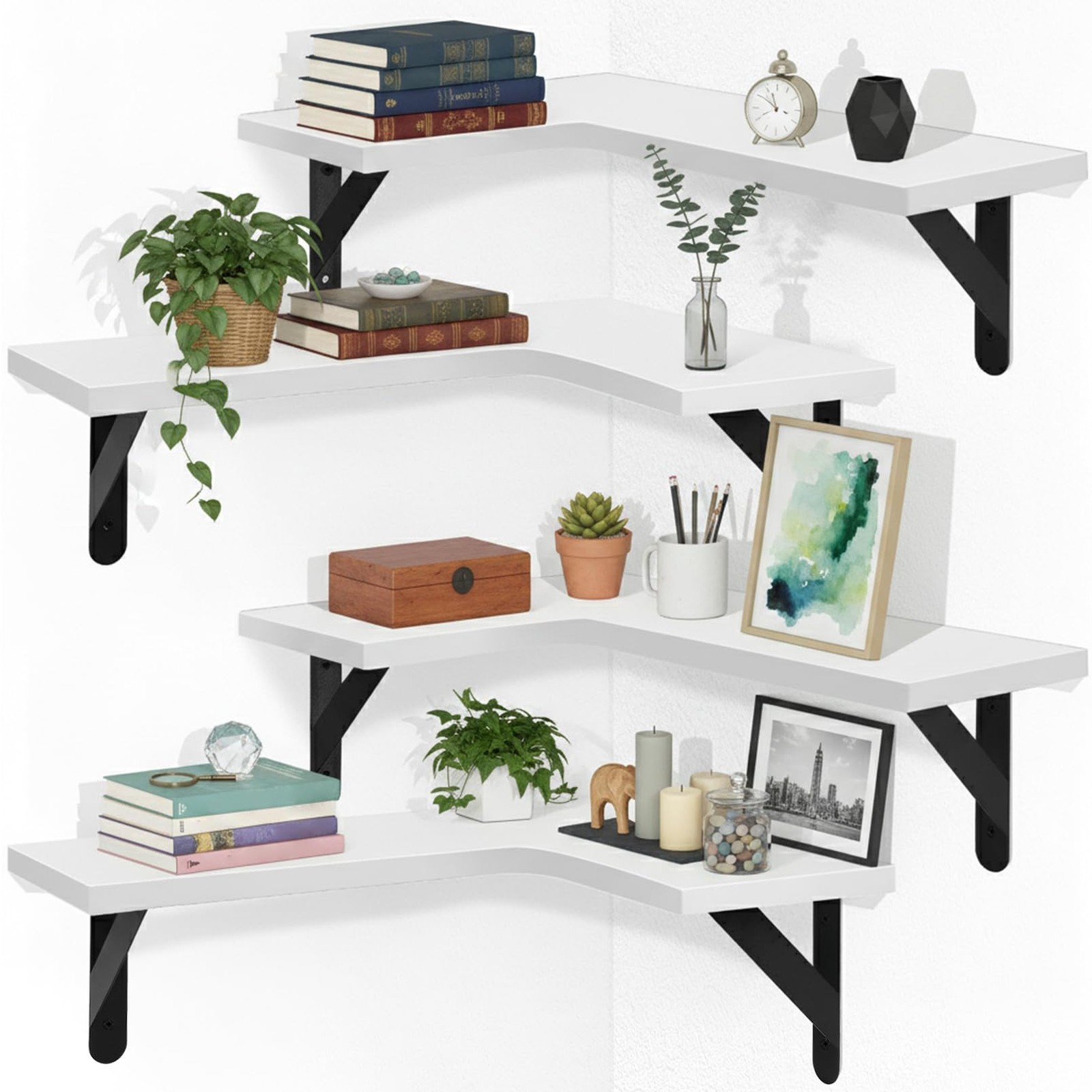 4 PCS White LShaped Corner Floating Shelves Wall Mounted Rustic Wood Storage