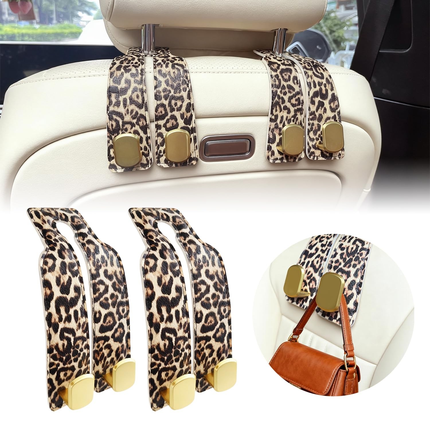 FLYEEGO 2 Pack Purse Hook for Car Headrest, Seat Back Storage Leopard