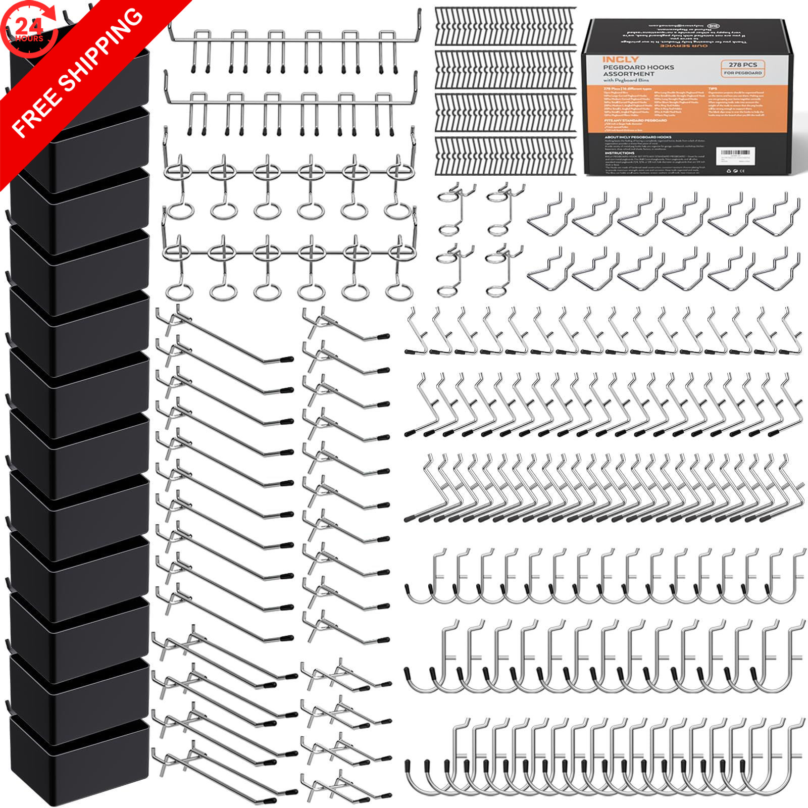 INCLY 278PCS Pegboard Accessories Organizer Kit, Peg 278 PCS, Black, Silver