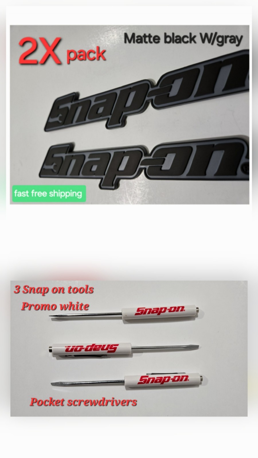 2PK SNAP ON TOOLS LOGO EMBLEM Matte Black Badge Decal+3 Pocket White Screwdriver