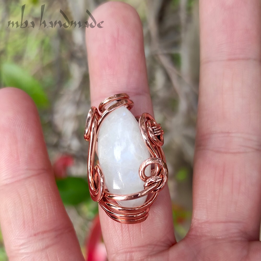 Moonstone Crystal Size 6-7-8-9 US Adjustable Ring Pure Copper Unique Jewelry
