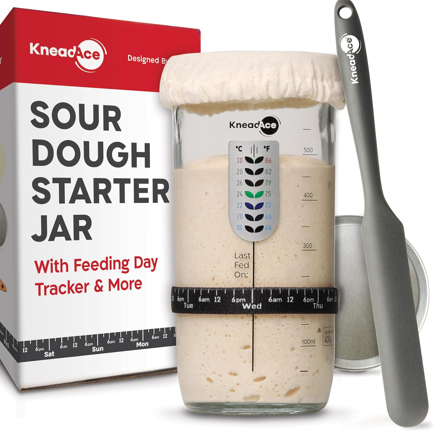 Sourdough Starter Jar Kit, 24 Oz Wide Mouth Glass, Thermometer | Feeding Band, S