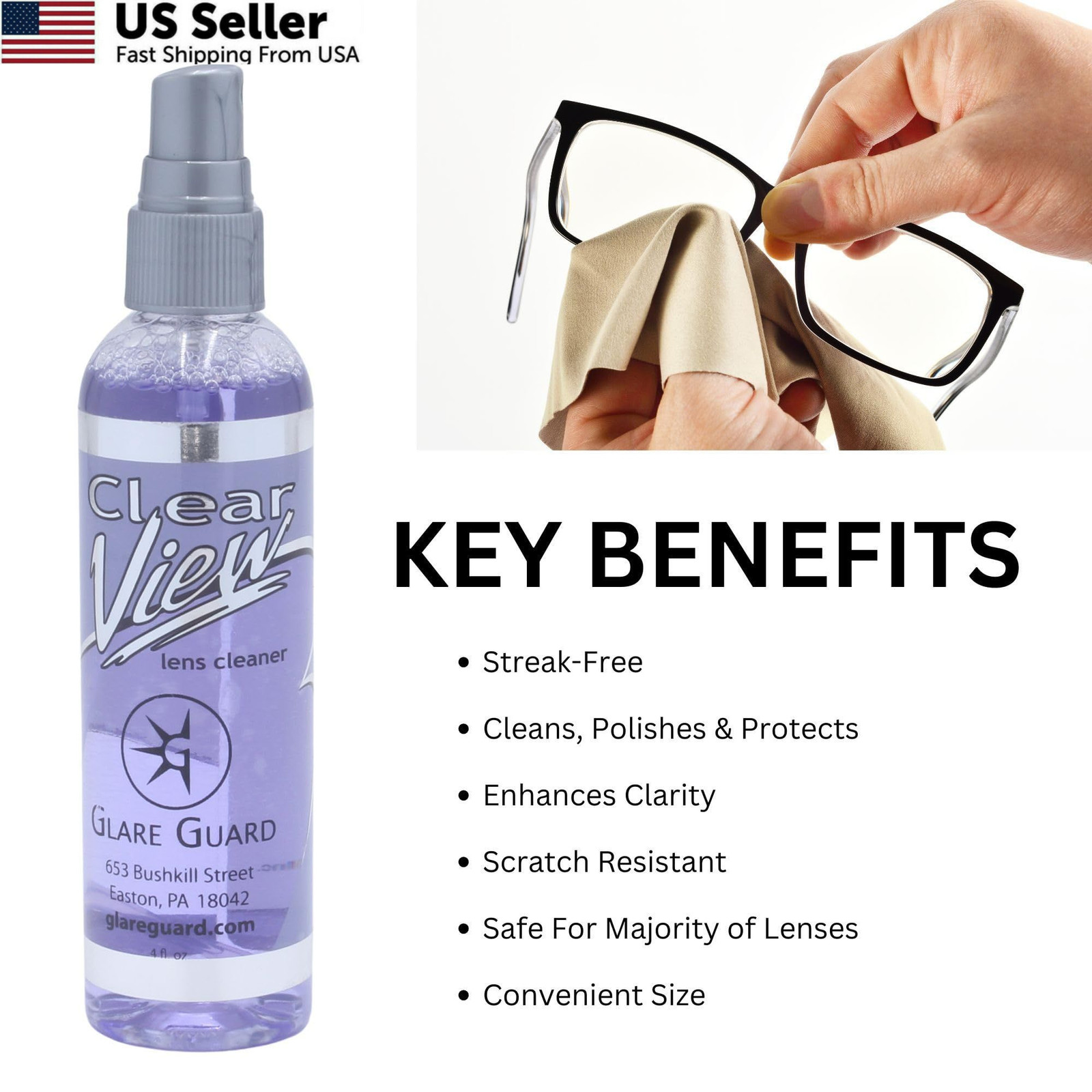 Glare Guard Clear View Lens Cleaner with Microfiber Cloth, 1 pack, 4oz bottle