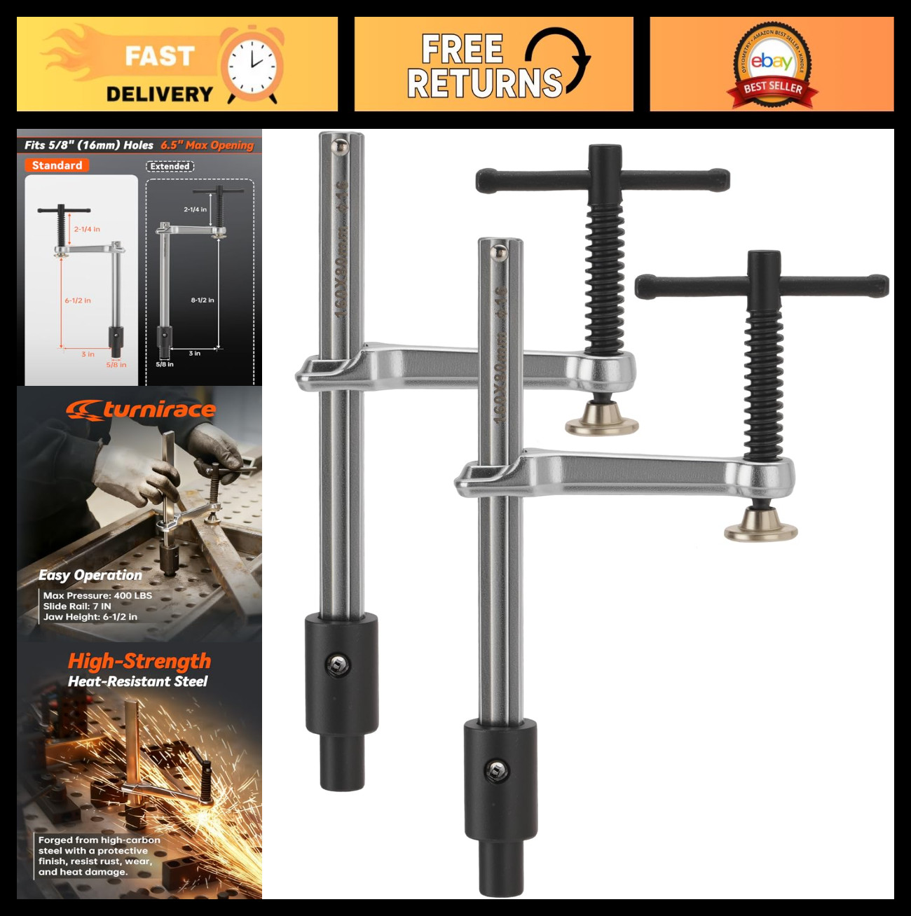 2-Pack Welding Table Clamps - 6.5" Opening for 5/8" Holes - Heavy-Duty Steel Fix