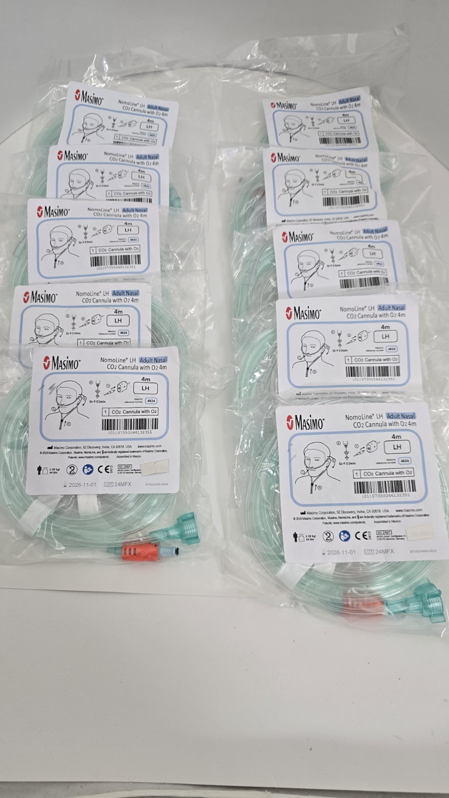 Lot of (10) MASIMO Nomoline LH 4624 Adult Nasal C02 Cannula W/ 02 4mm NEW!!!