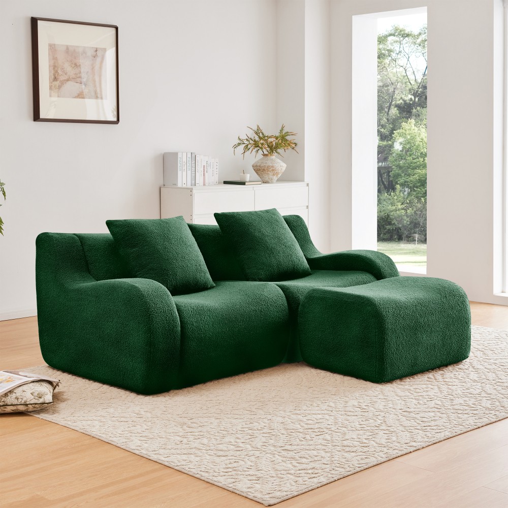 L-Shaped Teddy Fabric 2-Seat Sofa w/ Curved Armrest, Green
