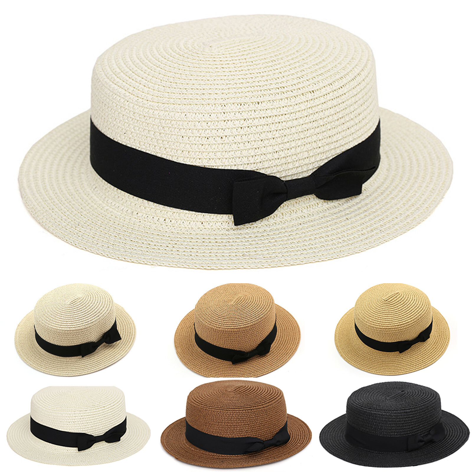 Ladies Outdoor Straw Boater Hat Bowknot Cap Sun Visor Wide Brim Summer Beach Hat