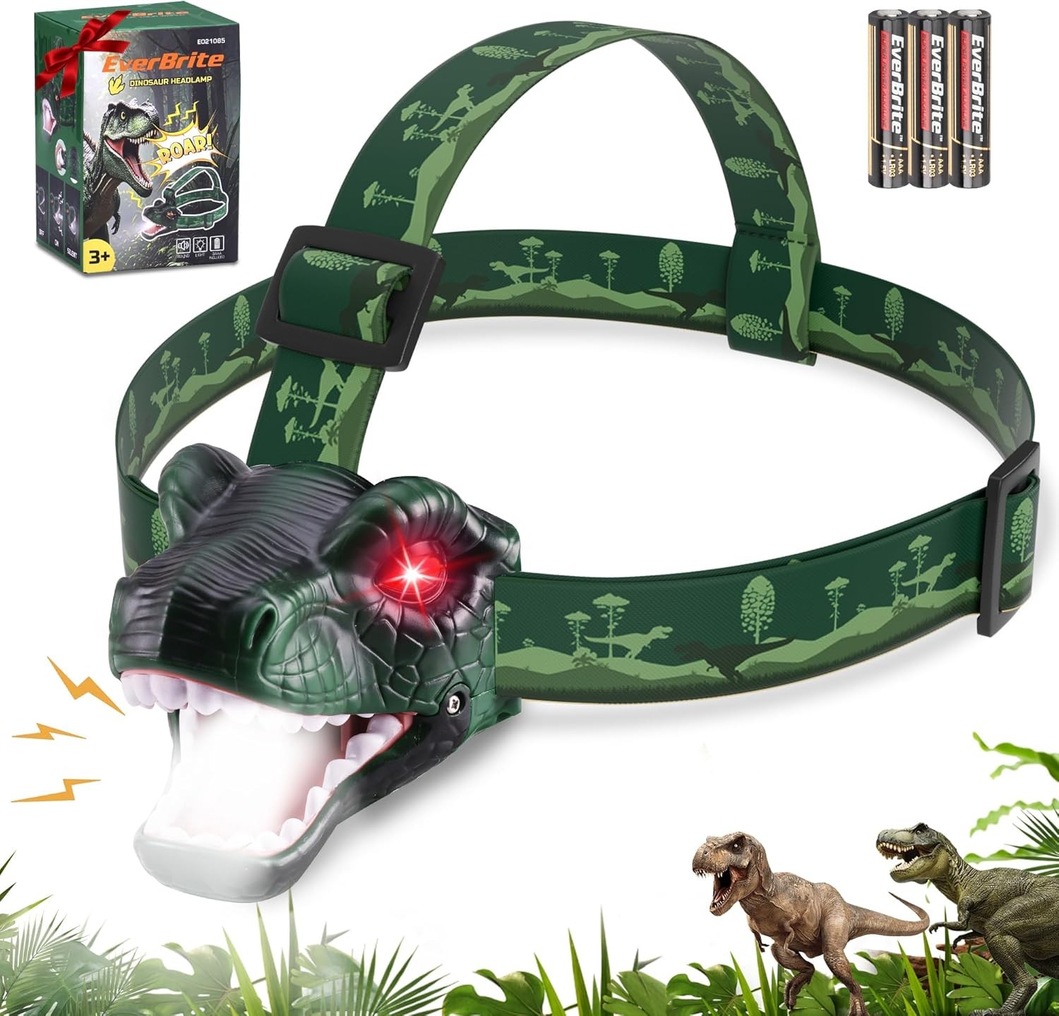 EverBrite Dinosaur Kids Headlamp T-Rex LED Headlight Roar & Silent Modes USA