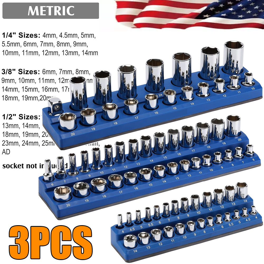 Metric Magnetic Socket Organizer Set 3PC Socket Holder Set 1/4"3/8"&1/2"Drive