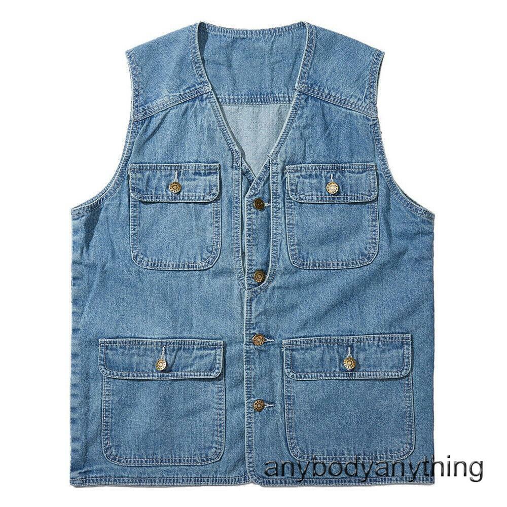 Mens Denim Vest Jeans Multi Pocket Work Utility Waistcoat Sleeveless Jackets