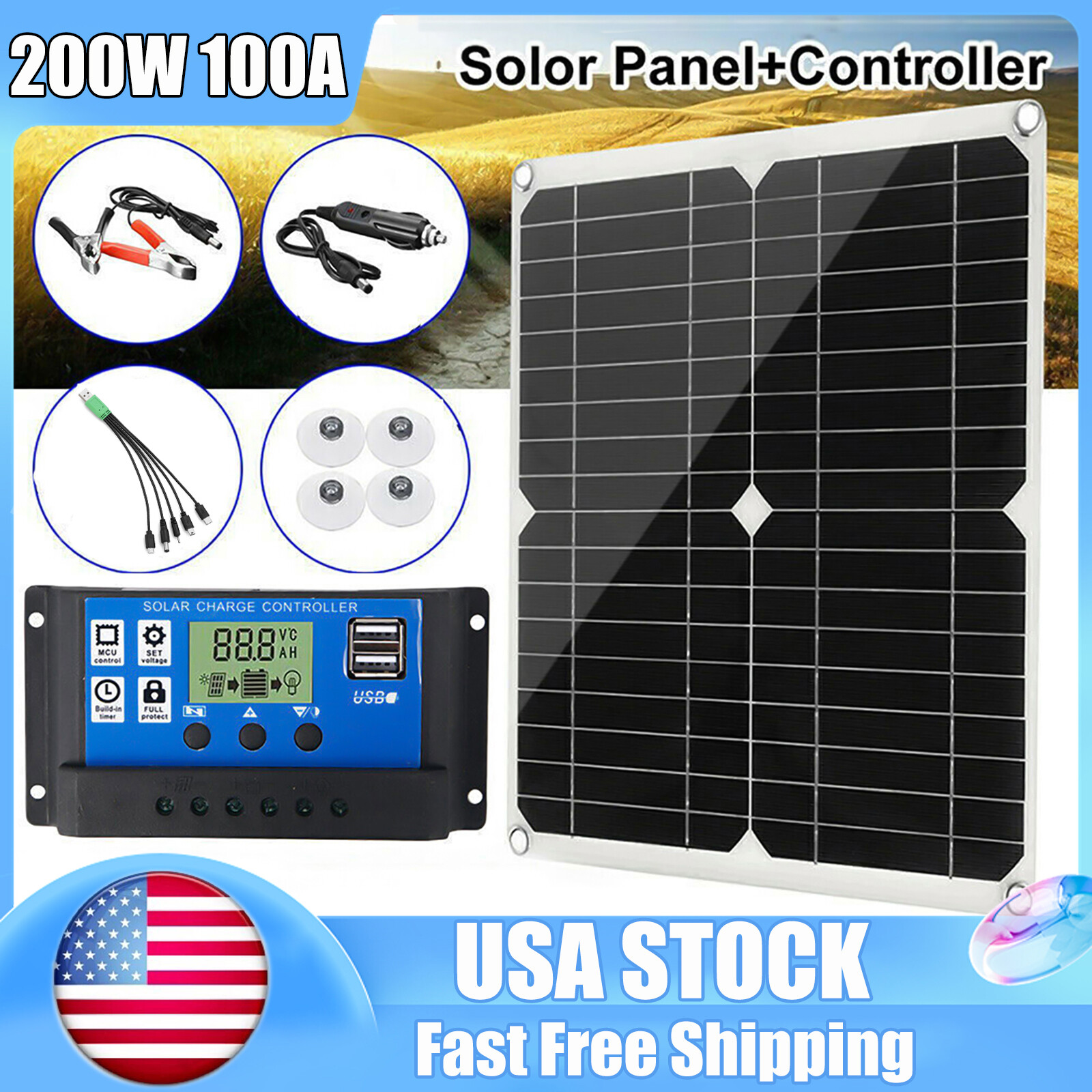 200 Watts Solar Panel Kit 100A 12V Battery Charger with Controller Caravan Boat