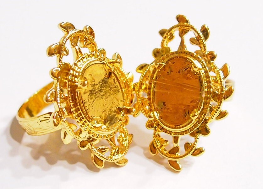 6 - 14x10mm Shiny Gold Victorian Deco Loop & Leaves Adjustable Ring Settings