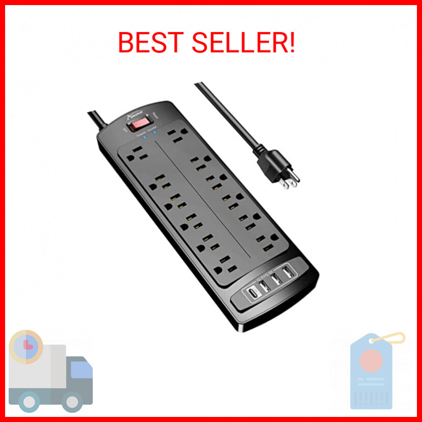 Power Strip, ALESTOR Surge Protector with 12 Outlets and 4 USB Ports, 6 Feet Ext