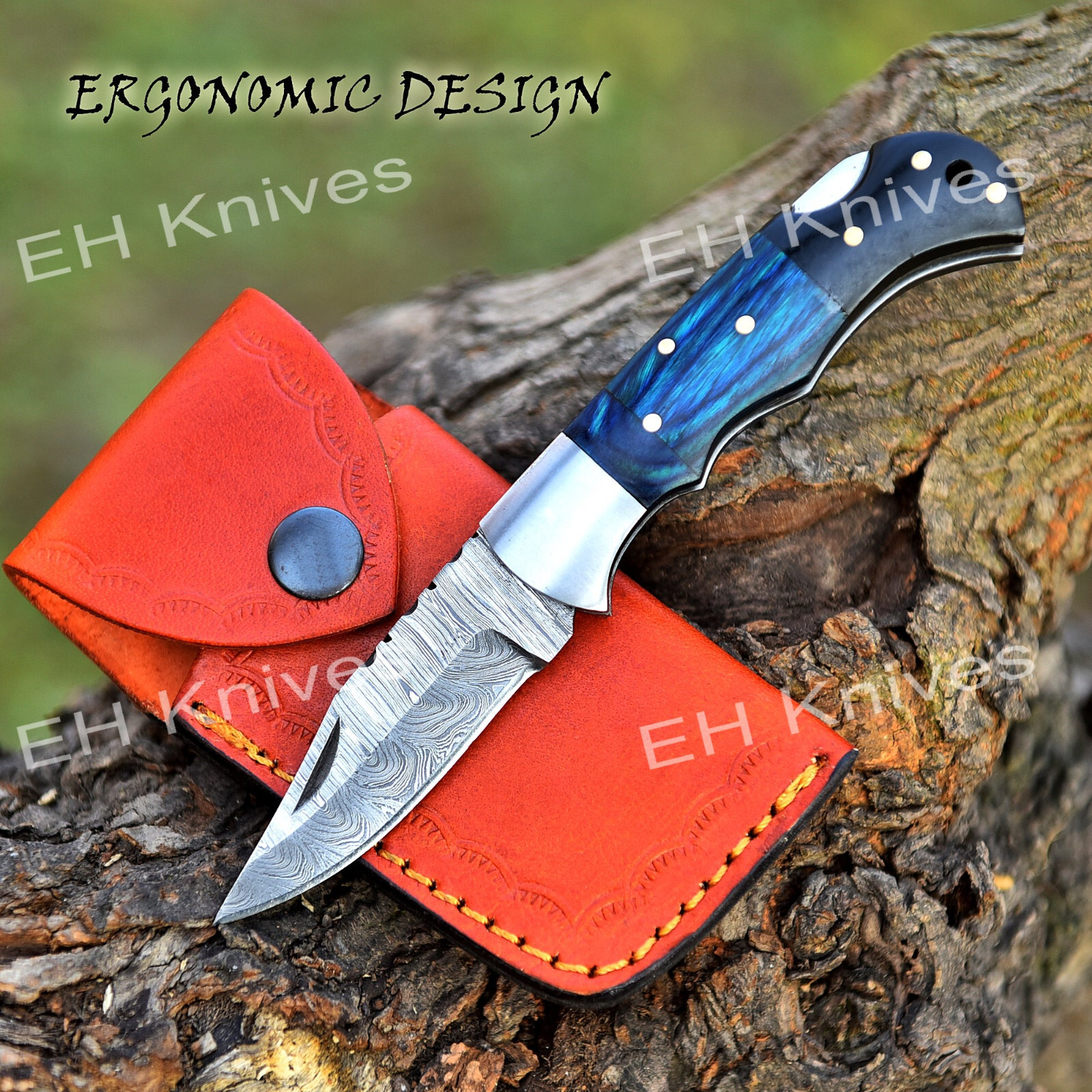 CUSTOM HANDMADE FORGED DAMASCUS STEEL FOLDING POCKET CAMPING KNIFE W/SHEATH