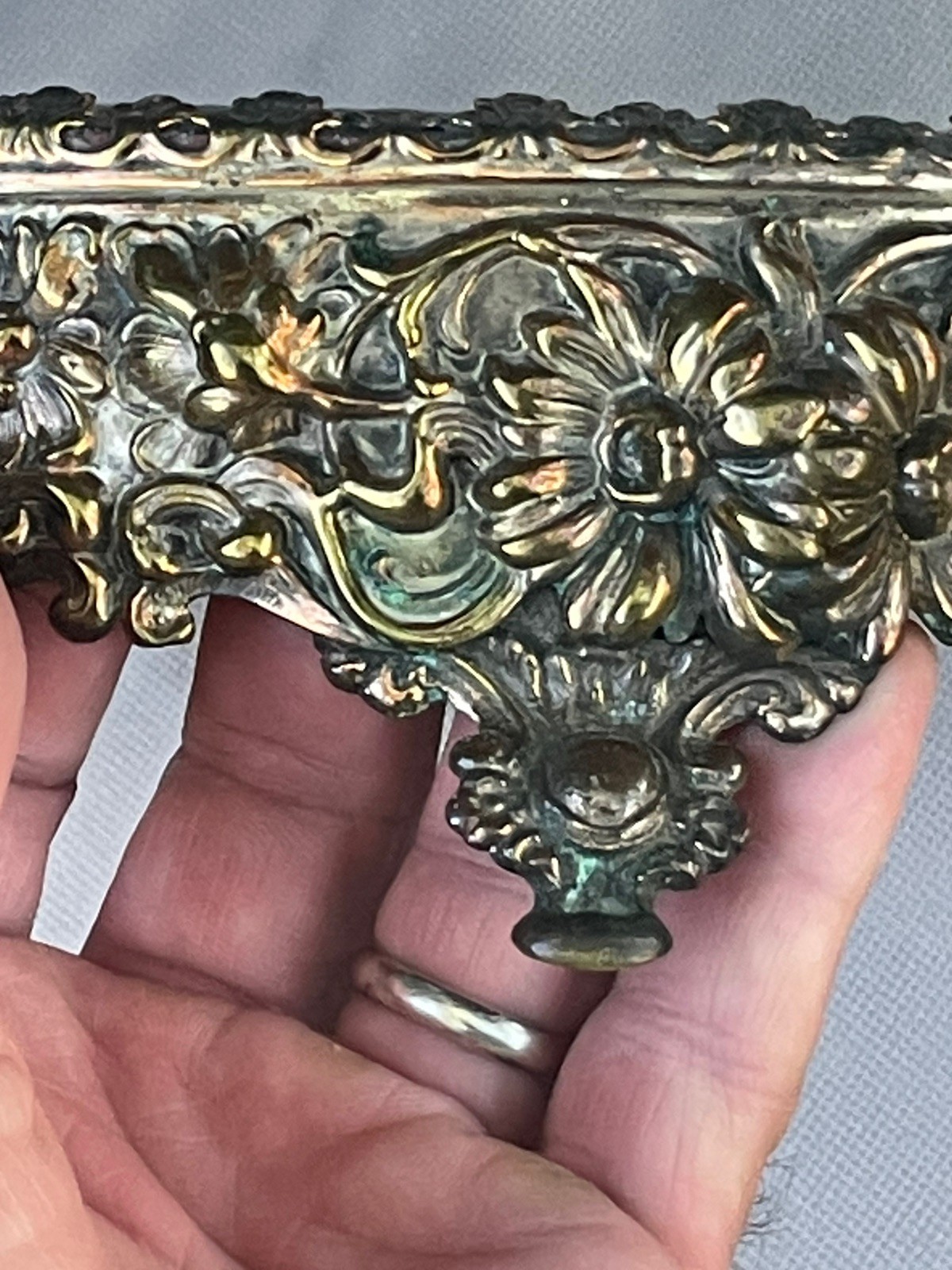 Antique Victorian Dresser Vanity Tray Mirror Brass Flowers Chunky Ornate Footed