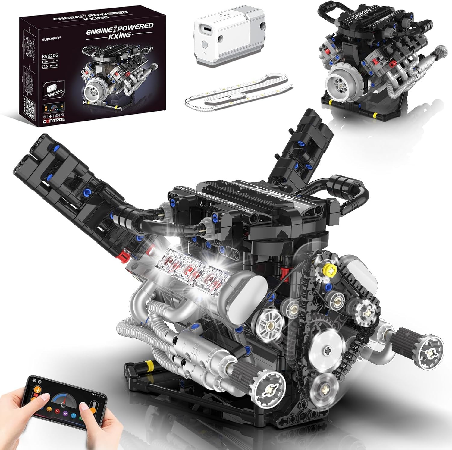 LED-Illuminated V8 Engine Model Building Block Kit