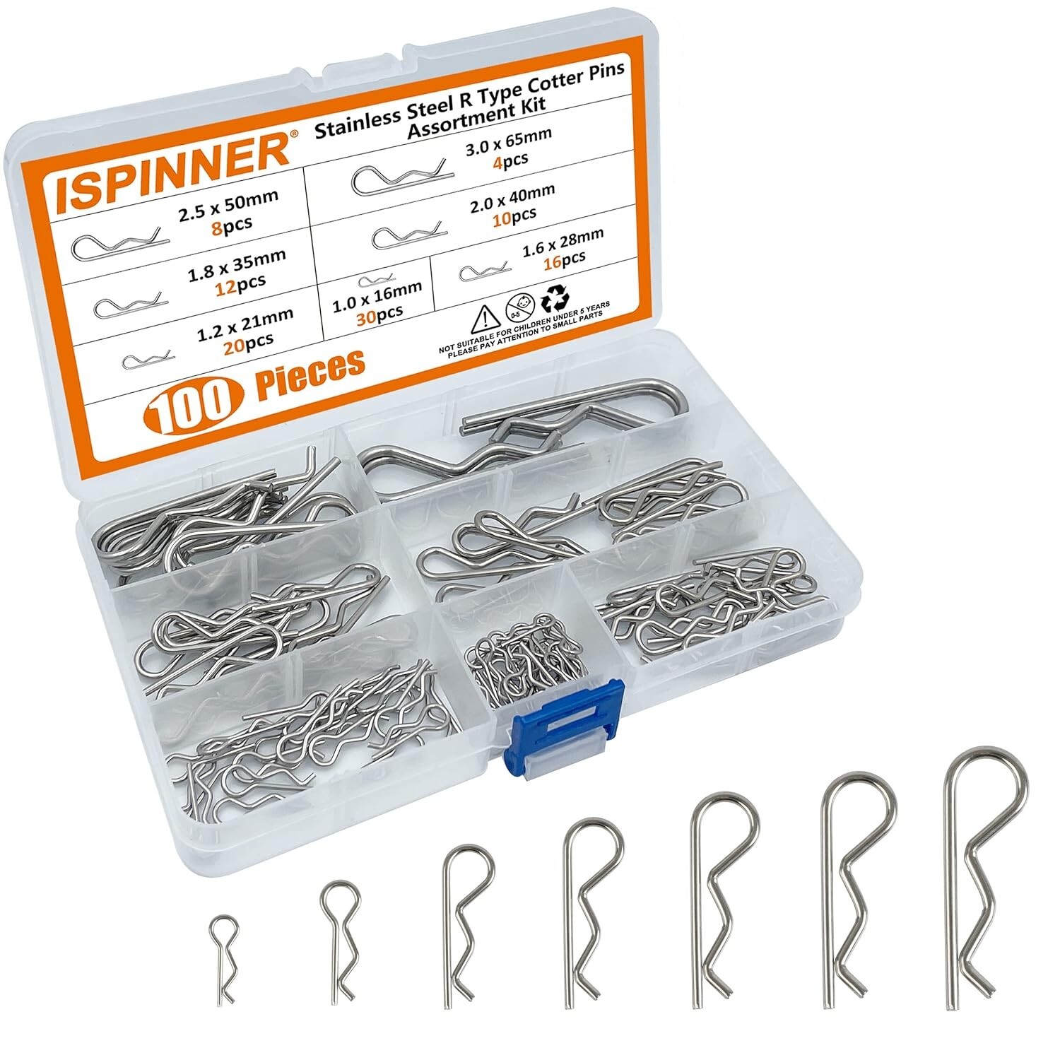 ISPINNER 100Pcs 304 Stainless Steel Cotter Pins Assortment Kit, 7 Sizes R Clips