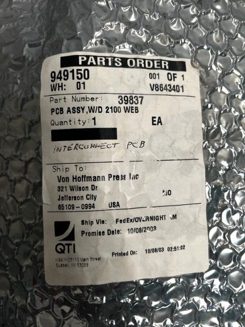 Quad Tech 39837 Wed Detection 2100 Interconnect Board QTI USA