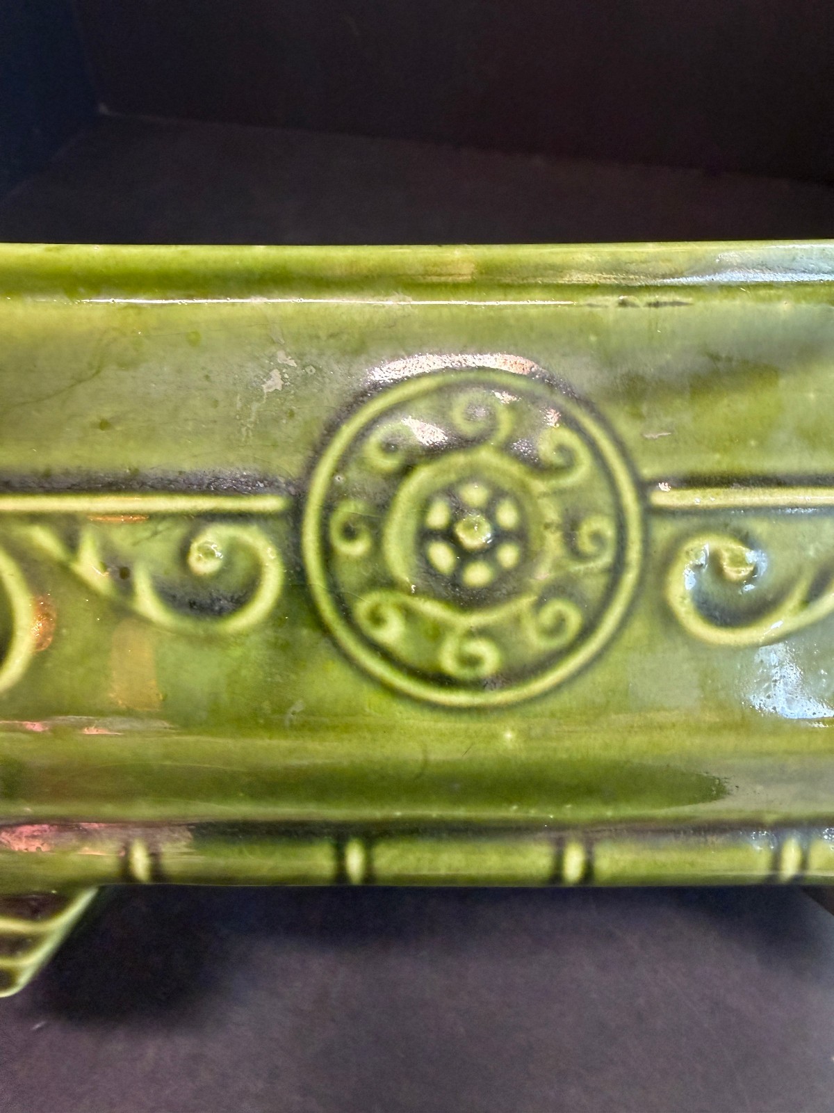 Vintage Green Ceramic Planter Mid Century Scroll Design Footed Plant Pot 9”