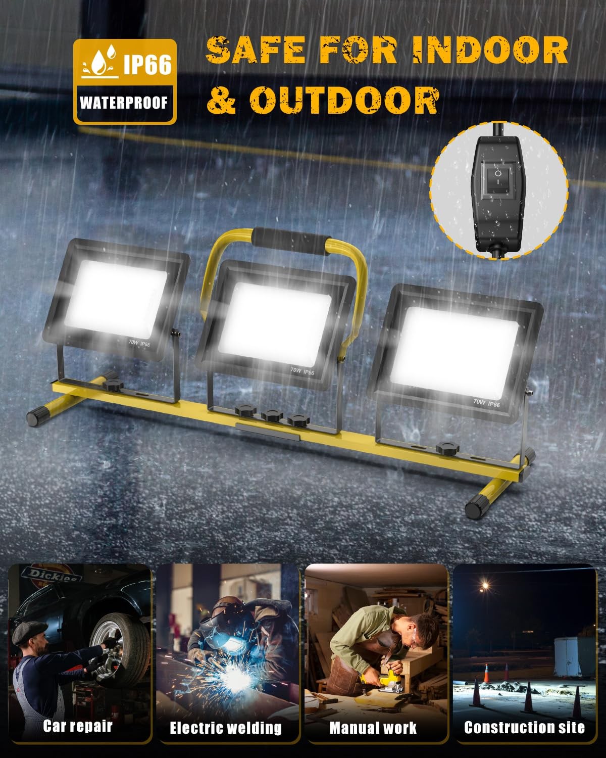 LED Work Light with Stand, 21000 Lumens Super Bright, 3-Head Adjustable Const...