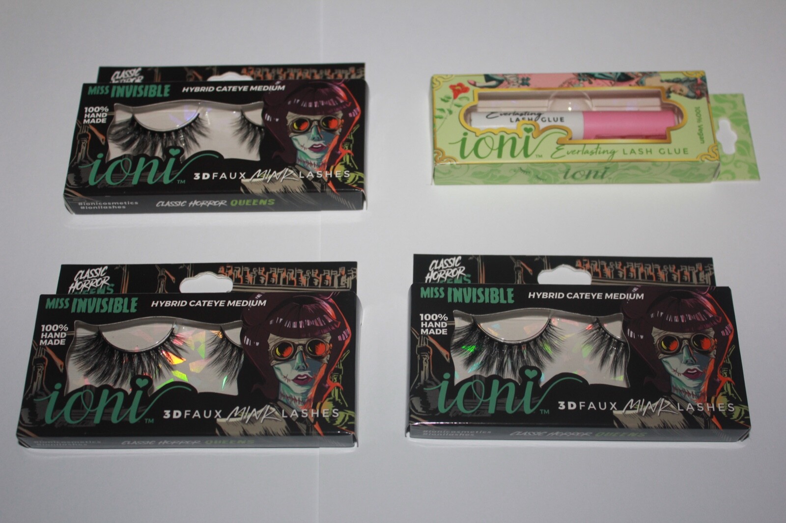 Ioni  3D Faux Mink Lashes Classic Horror Queens Miss Invisible Lot Of 3 + Glue