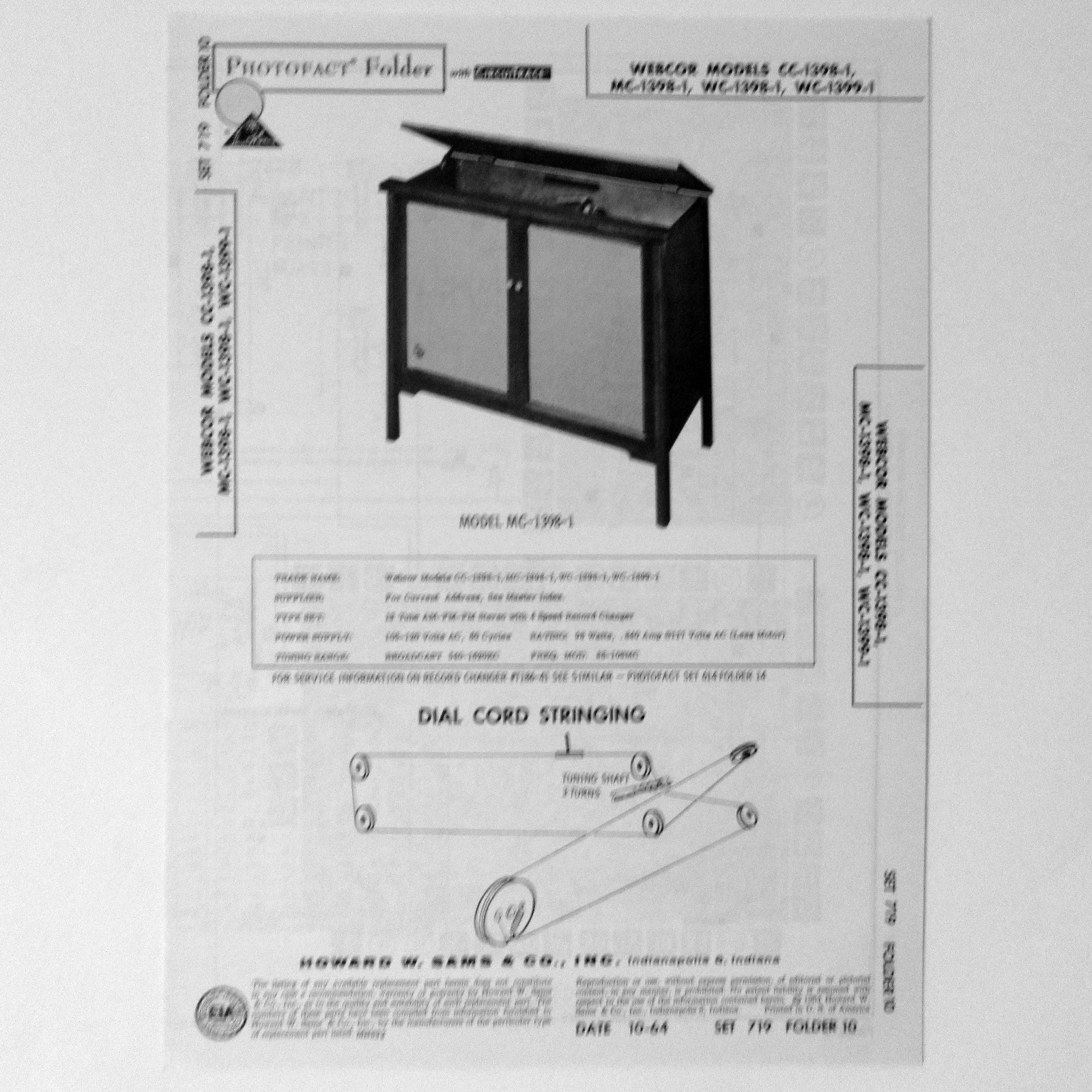 Webcor Models CC-1398-1 MC-1398-1 WC-1398-1 WC-1399-1 SAMS Photofact ™ 1964 New