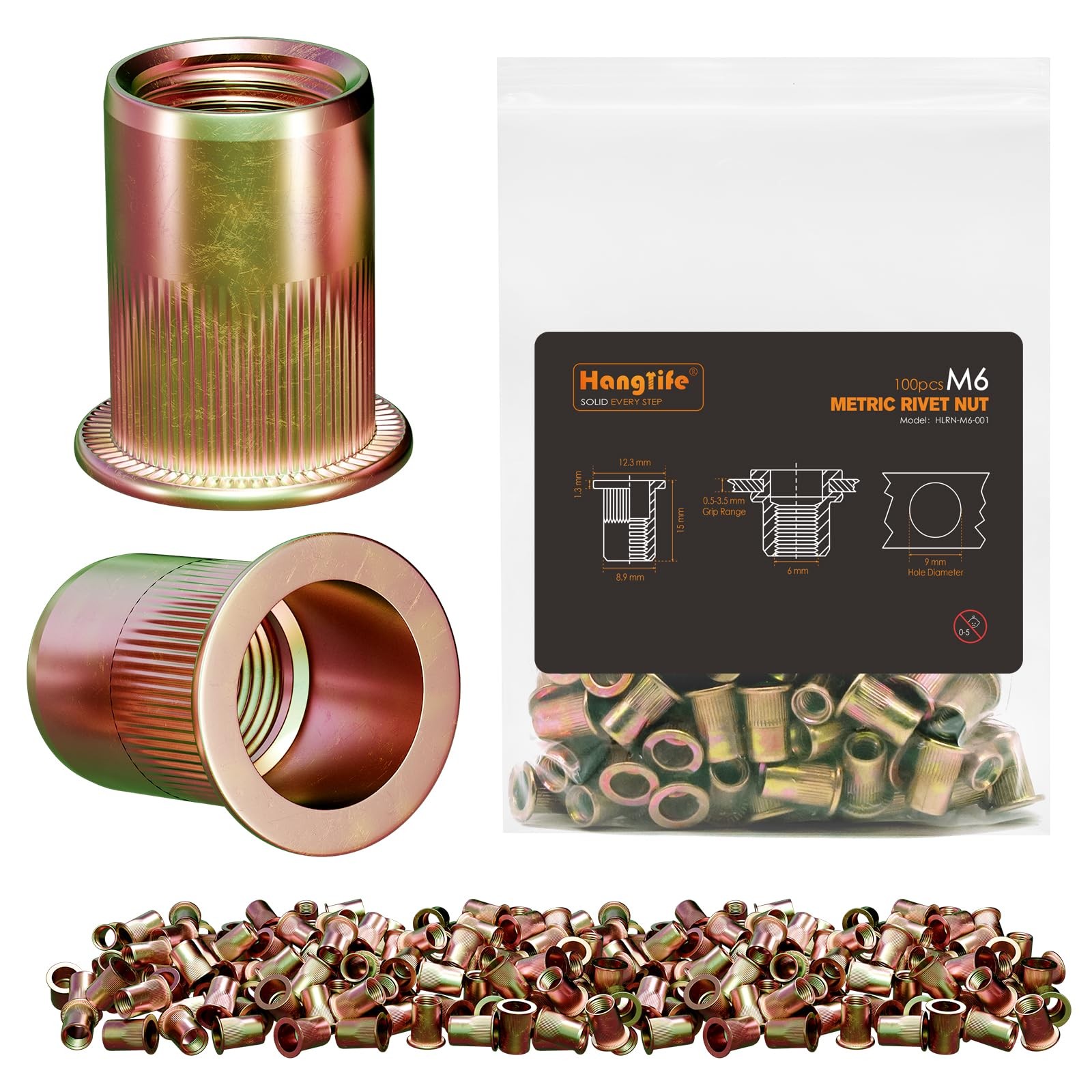 100 PCS M6 Metric Rivet Nuts Flat Head Zinc Plated Threaded Insert Knurled