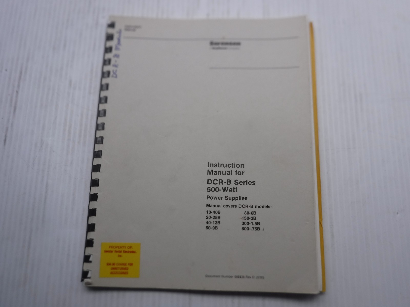 Sorensen DCR-B Series 500-Watt Power Supplies Manual 589338 Rev D (9/85)