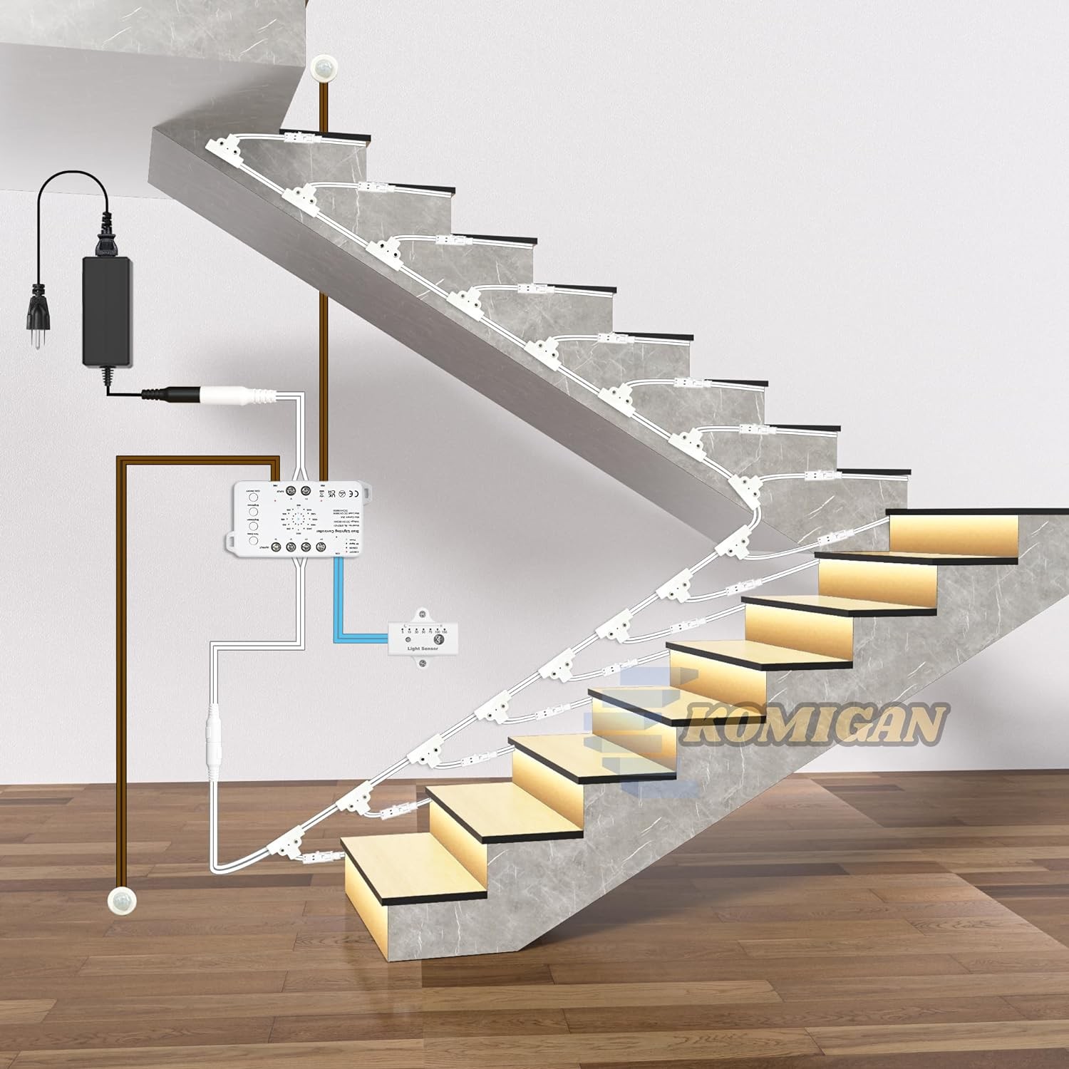 Motion Sensor LED Stair Light Kit with Daylight Sensor 12 Step Warm White 20in