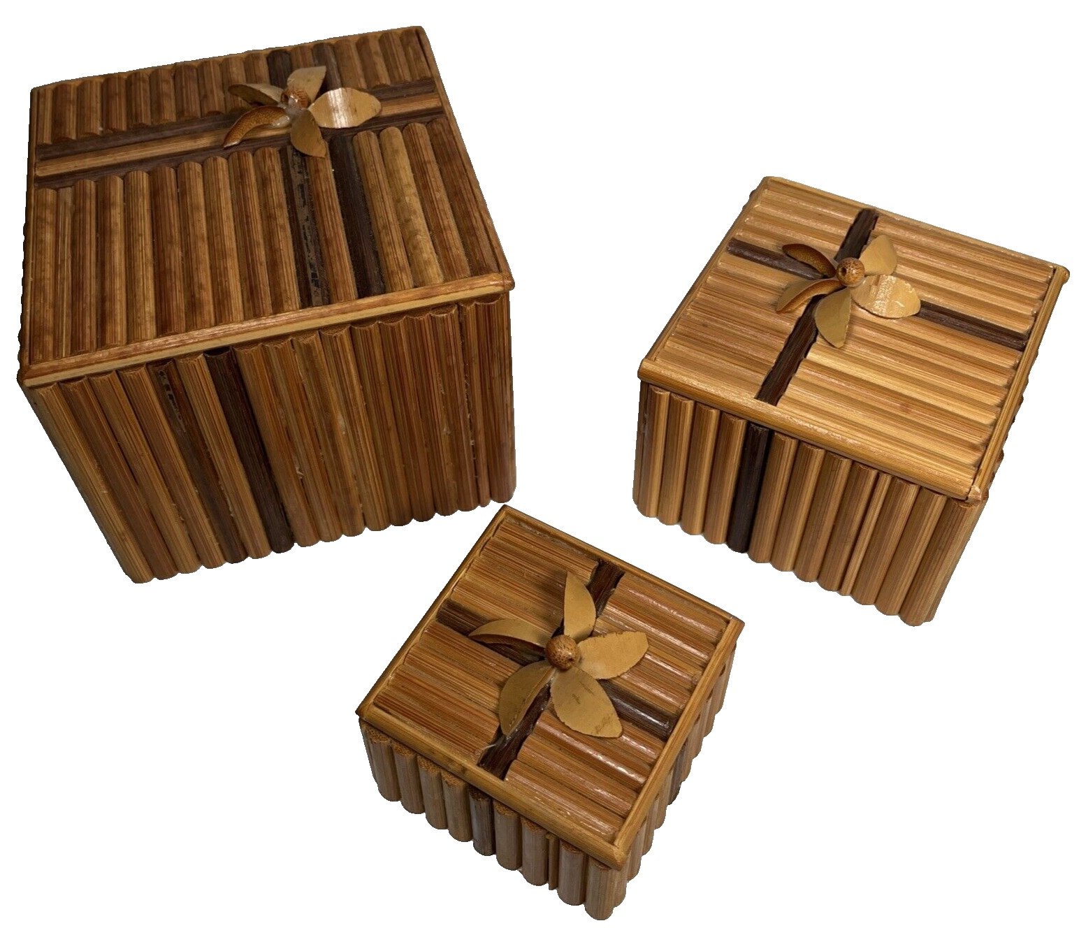 Set of 3 Nested Split Reed Wood Boxes w/ Lids & Applied Wood Flowers Beautiful