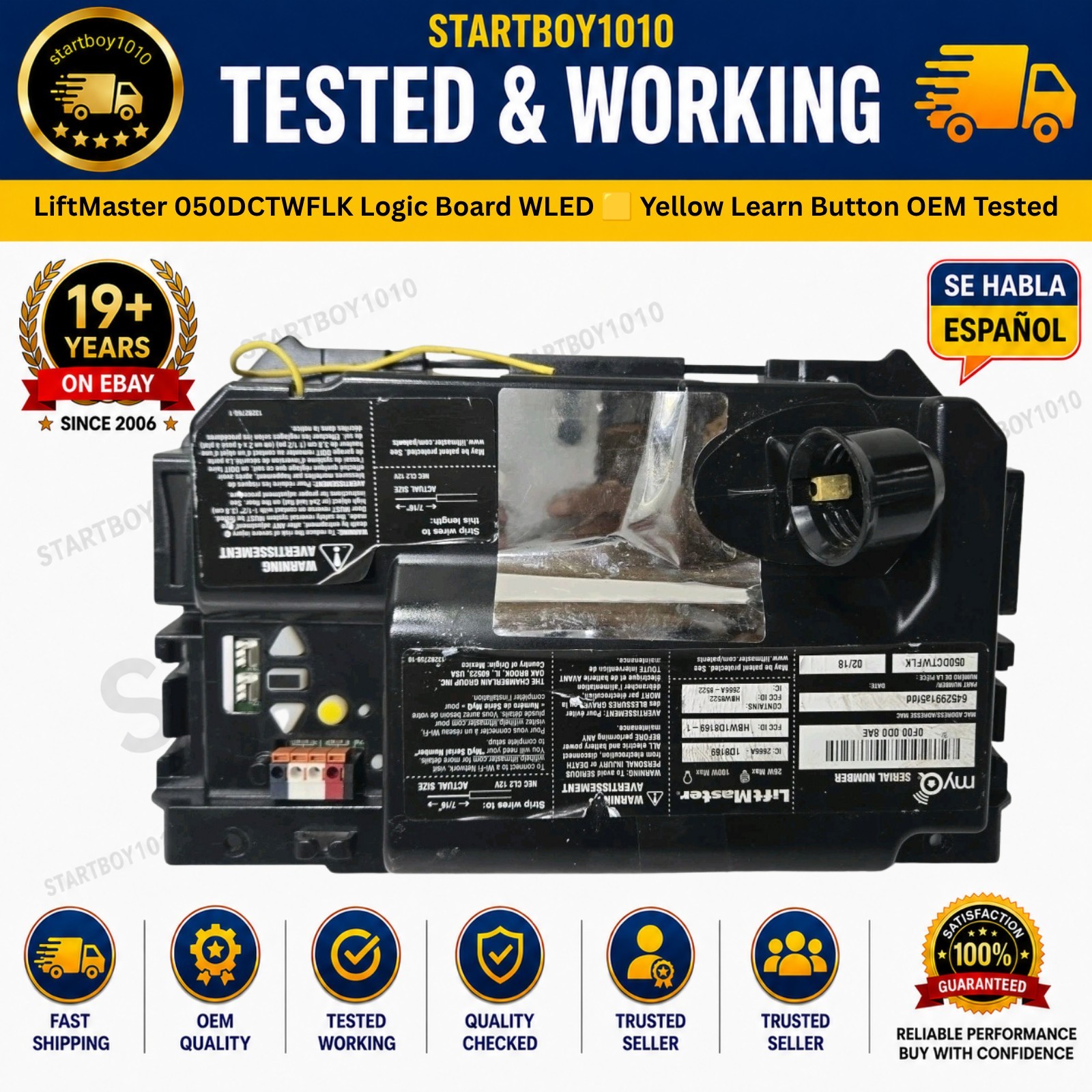 LiftMaster 050DCTWFLK Logic Board WLED 🟨 Yellow Learn Button OEM Tested