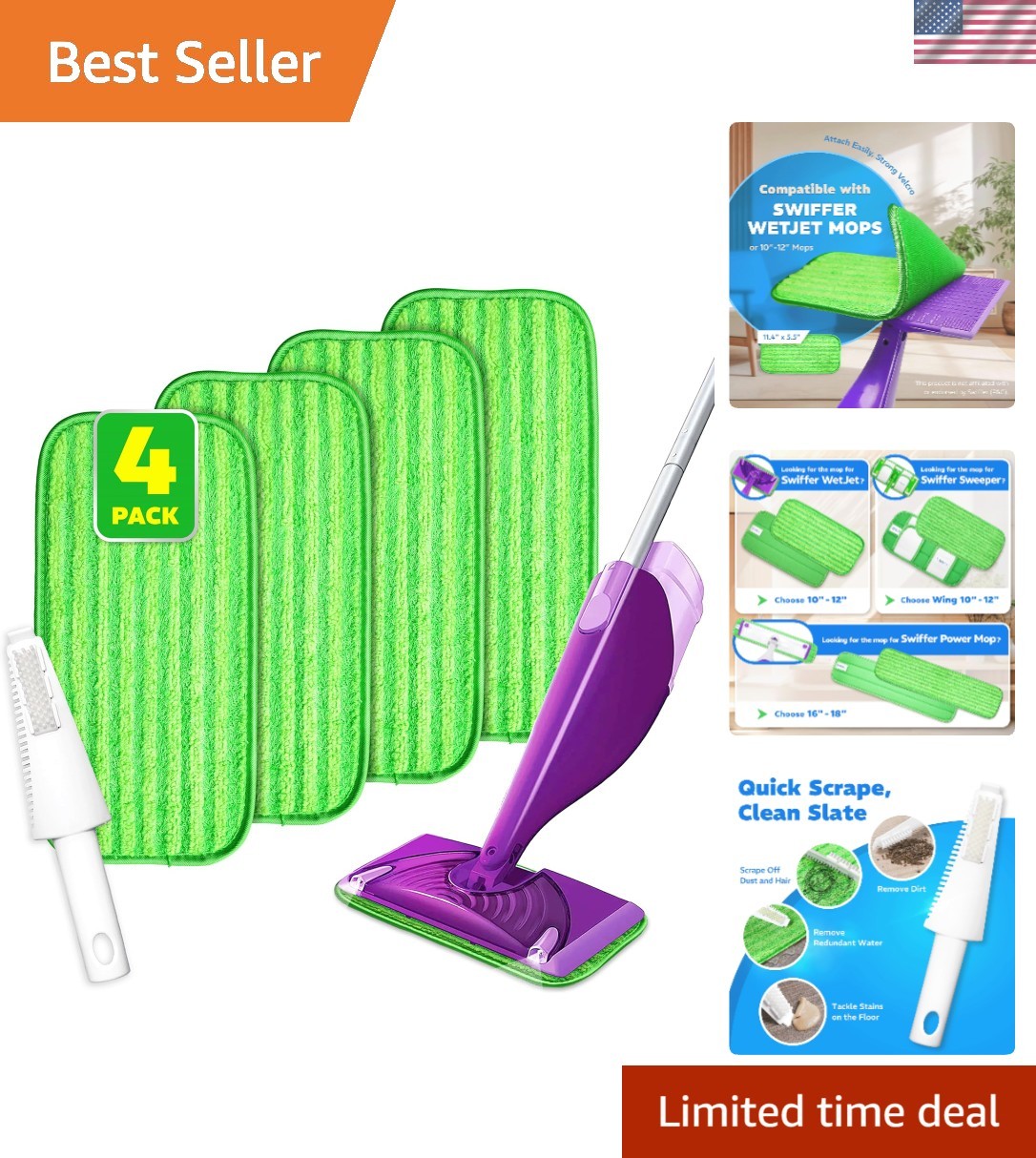 All-in-One Mop Pads Set - 4 Pack Microfiber with Scraper for Efficient Cleaning