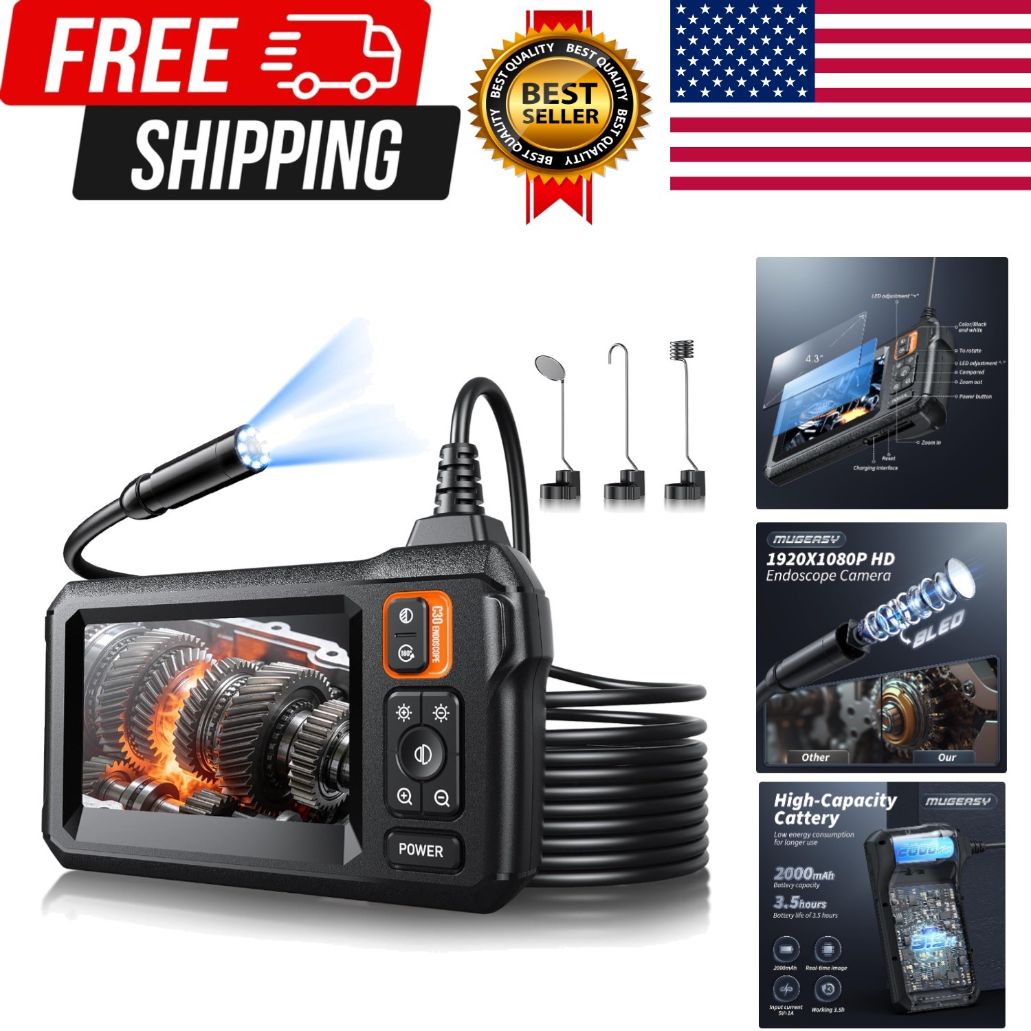 Endoscope Camera with Light, Inspection Borescope Camera with 4.3" IPS Screen...