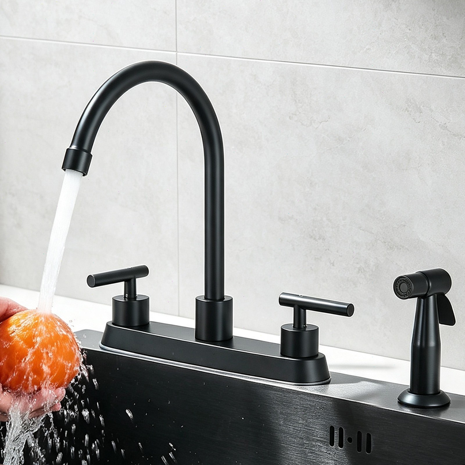 Matte Black Kitchen Faucet 2 Handle 4 Hole Sink Mixer Faucet with Side Sprayer