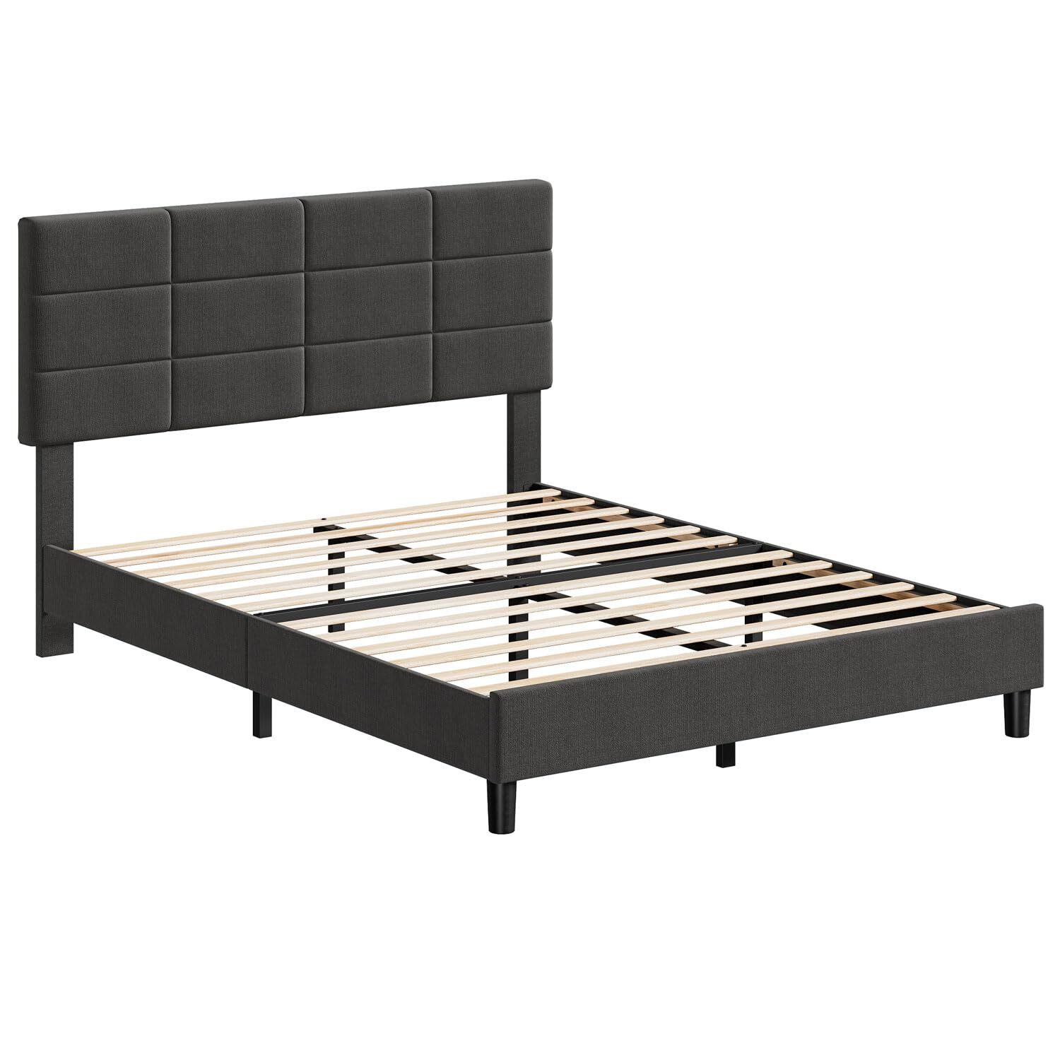 Full Size Bed Frame Headboard ,Modern Upholstered Platform Bed Frame Wood Slats