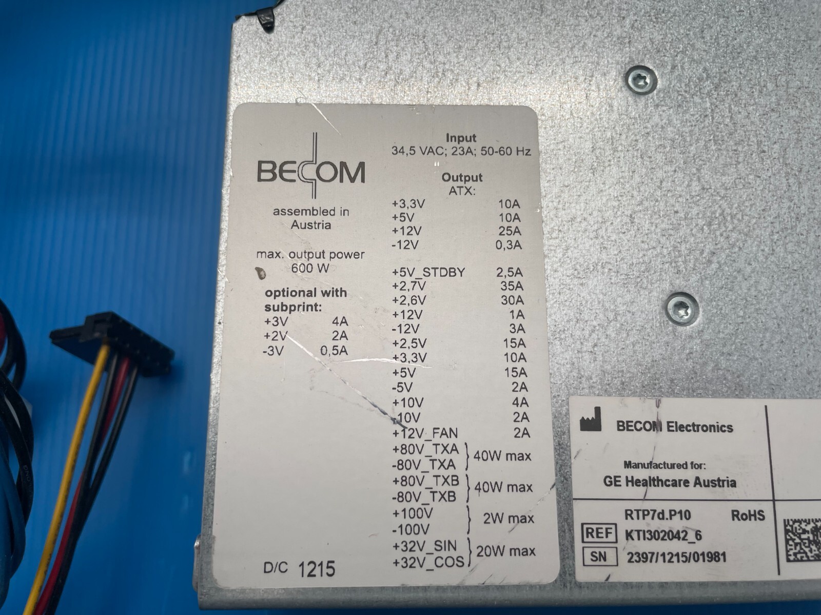 GE VOLUSON E6 / E8 Power Supply Type: RTP7d.P10 REF: KTI302042_6