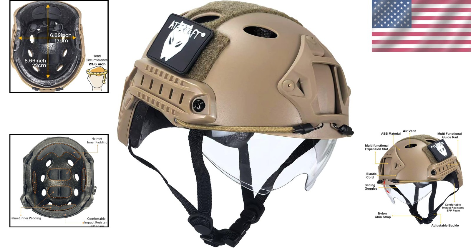 Compact Tactical Helmet Set with Sliding Goggles and Adjustable Chin Strap - Tan