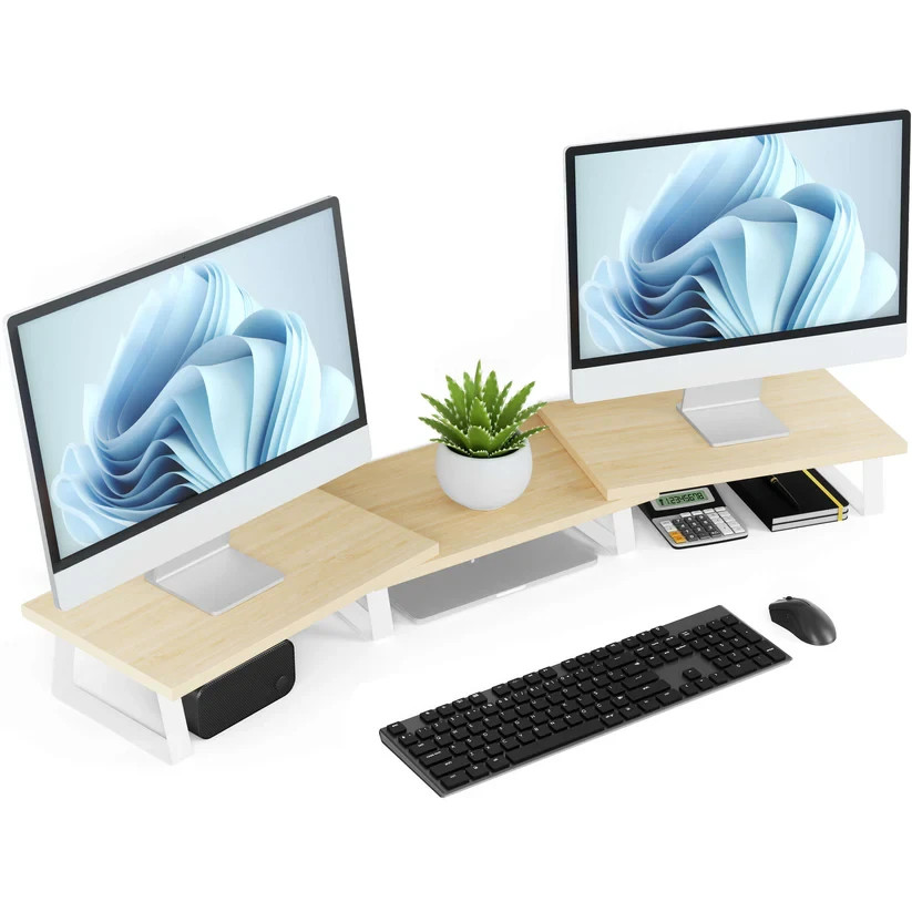 Large Dual Monitor Stand Riser for Desk Adjustable for 2 Monitors Oak Wood/Metal
