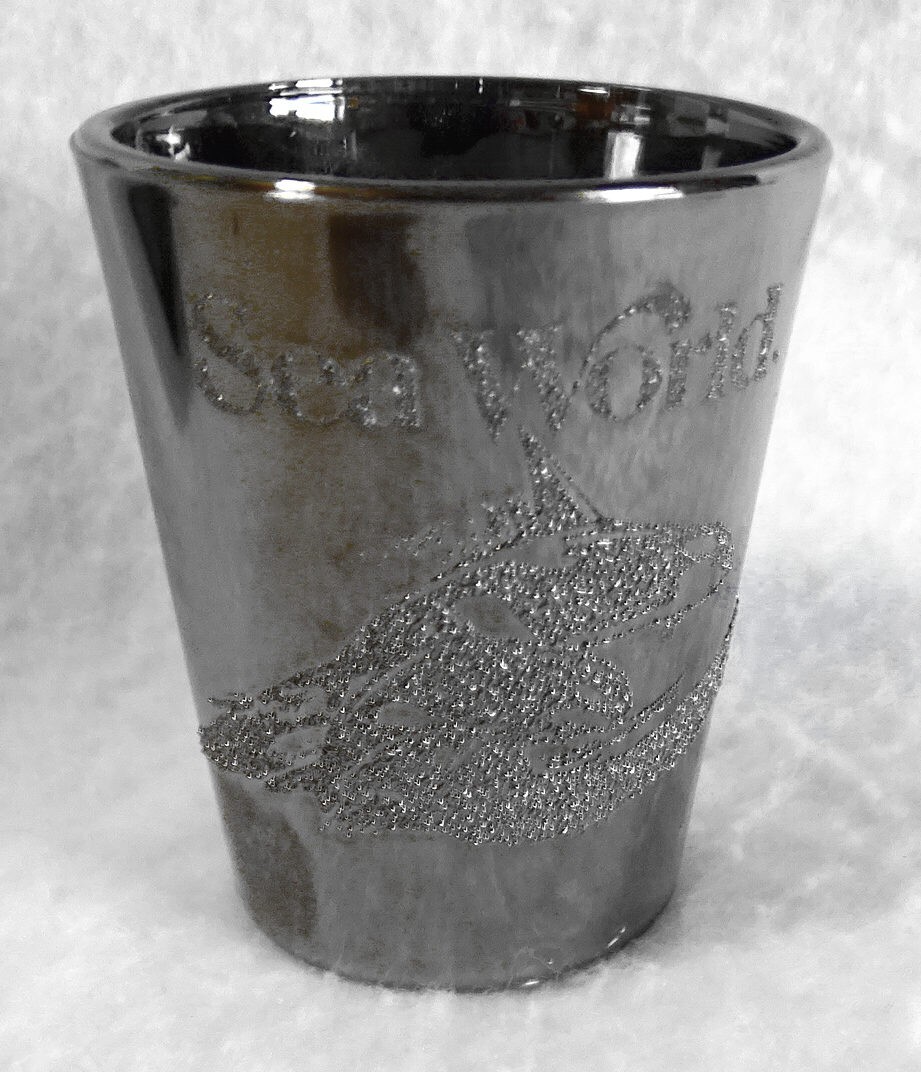 Sea World Shot Glass Shiny Silver with Embossed Orca Shooter 2-3/8" Jigger