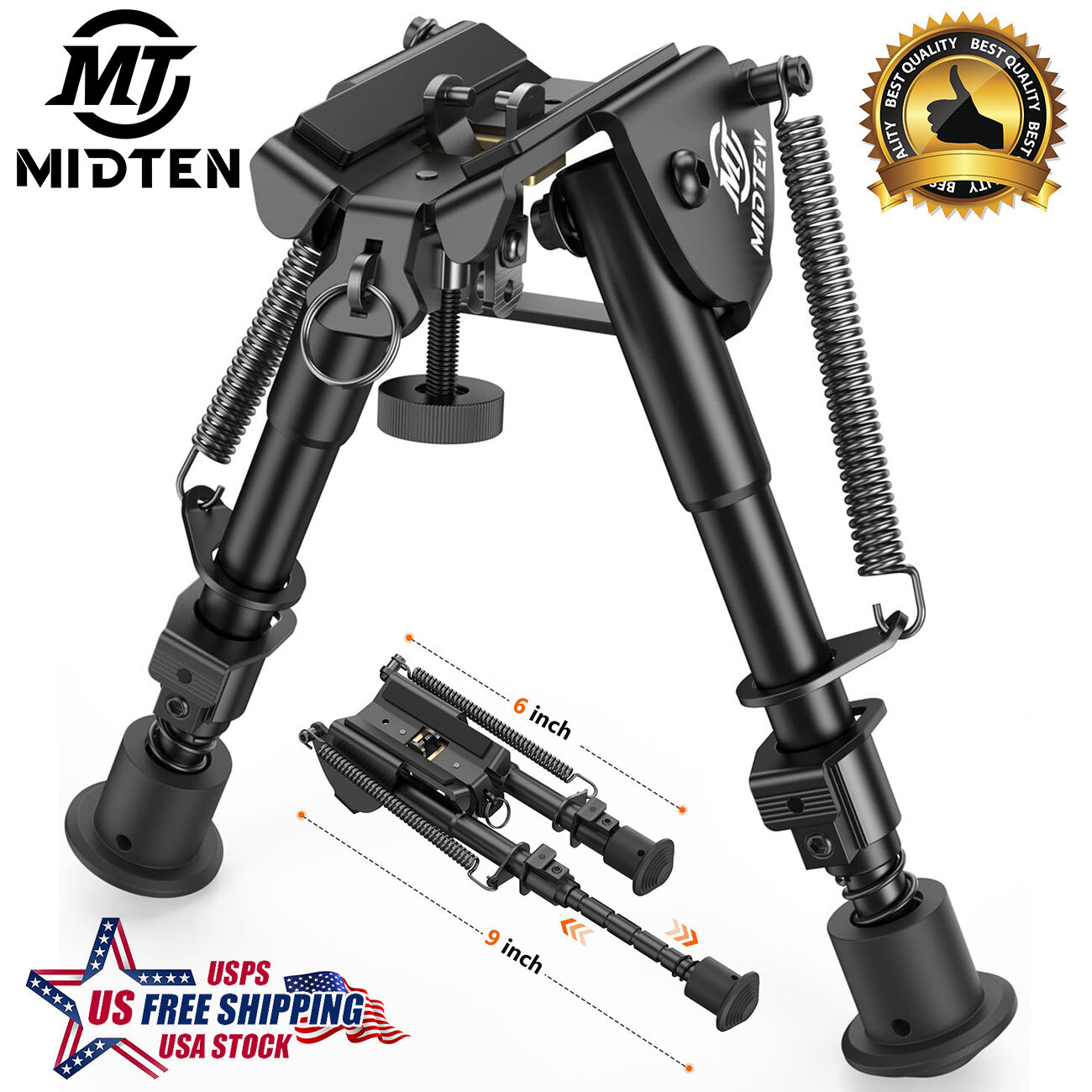Adjustable 6" to 9" Rifle Bipod Spring Return Hunting Bipod For Sling Stud Mount