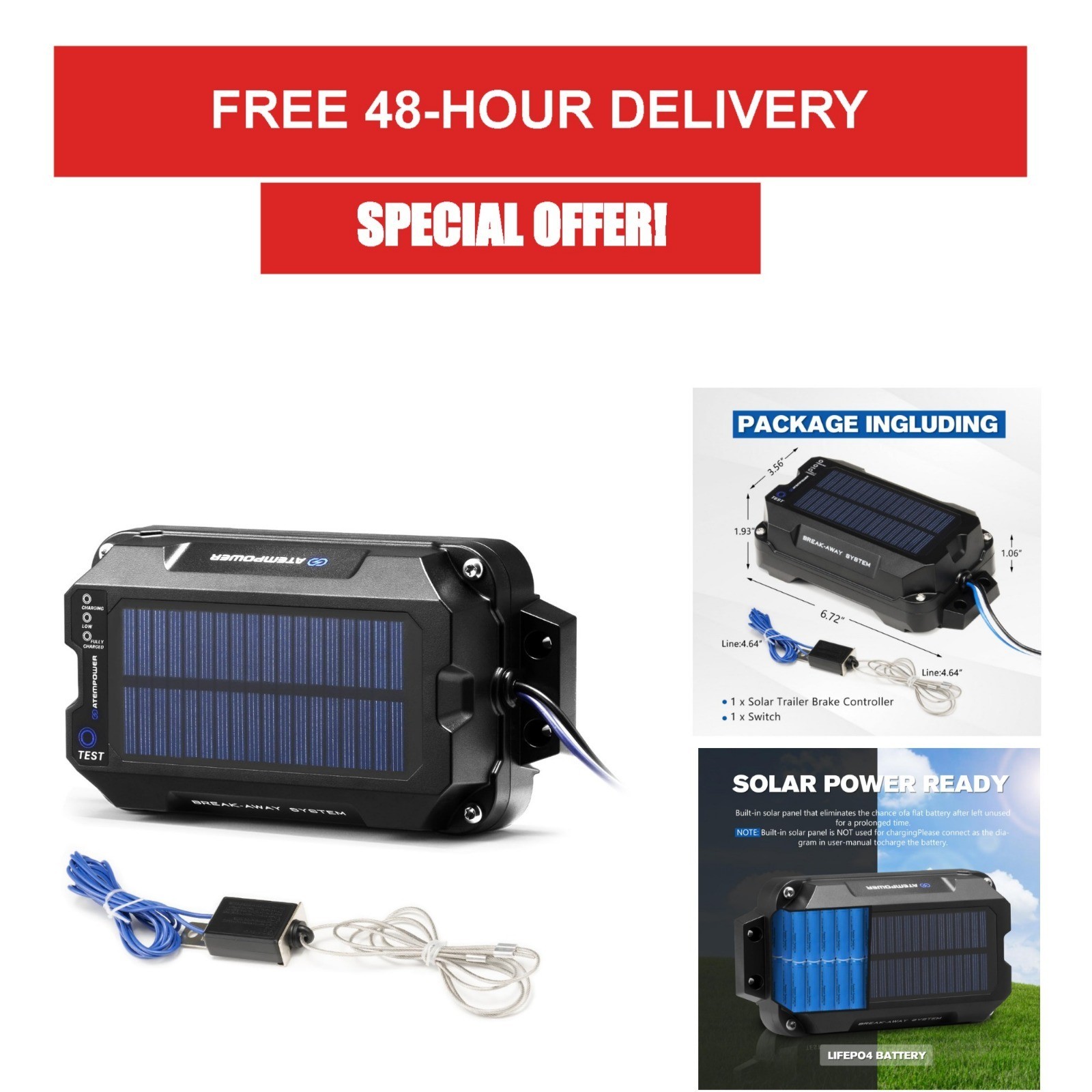 ATEM POWER Solar Trailer Brake Controller Kit 12V with Built-in Solar Panel