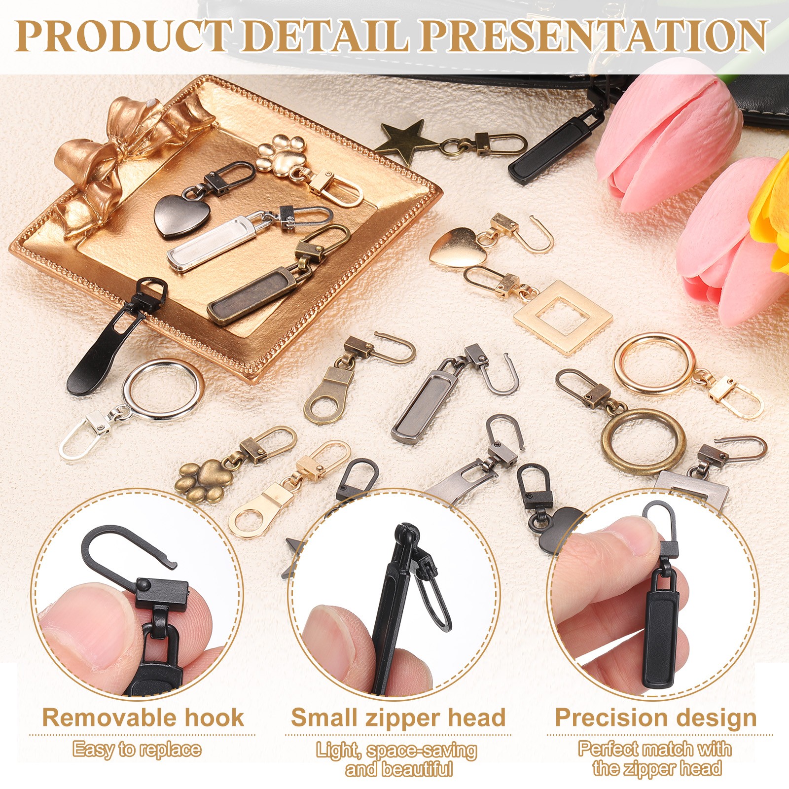 8Pcs Zipper Pull Replacement, Rectangle Detachable Tiny Zipper Slider, Black