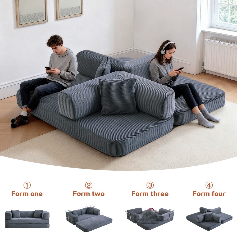 Modular Floor Sofa Bed w/Blanket Pillow,75"L Corduroy for Living Room
