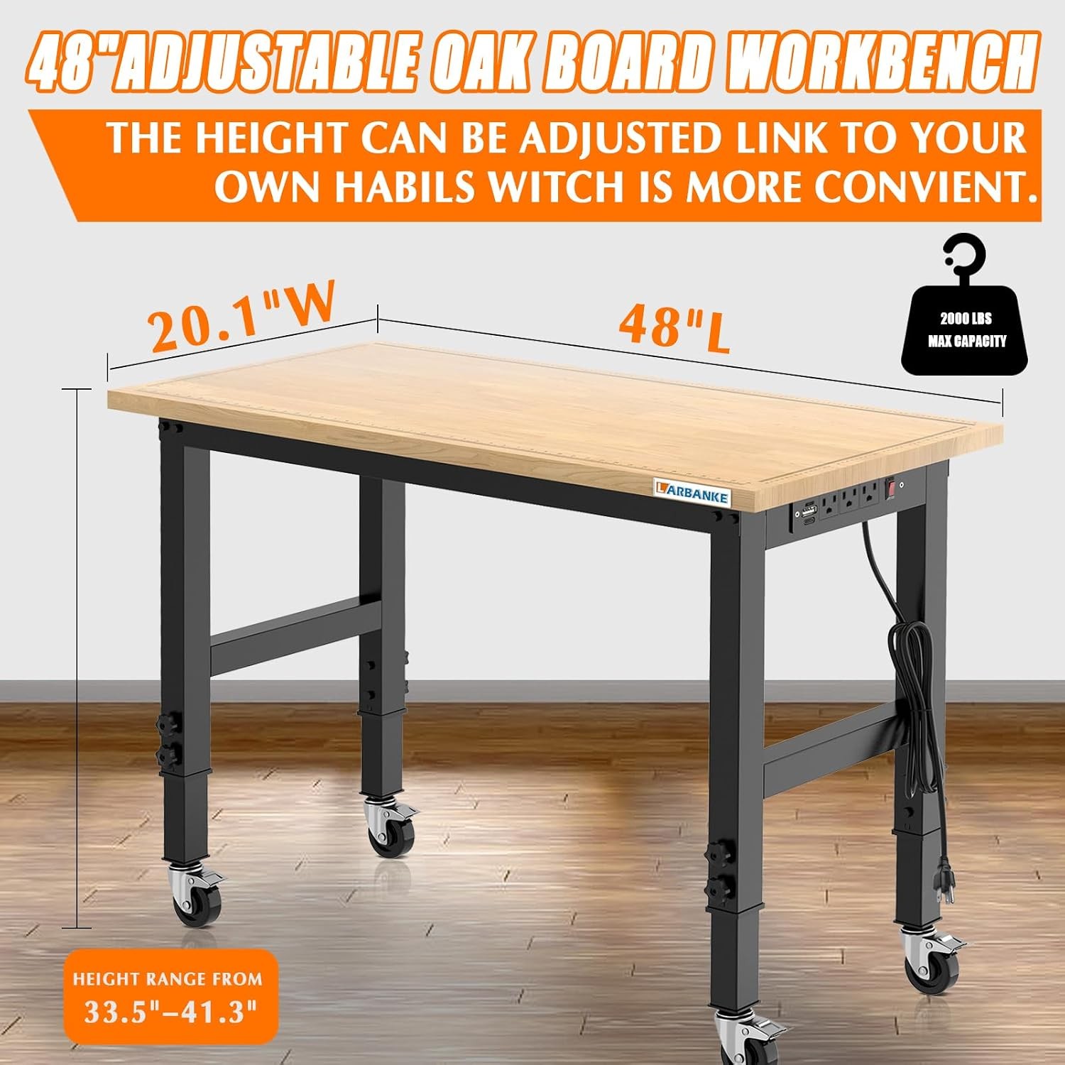 48" Adjustable Workbench with Wheels Heavy-Duty Rubber Wood Worktable with