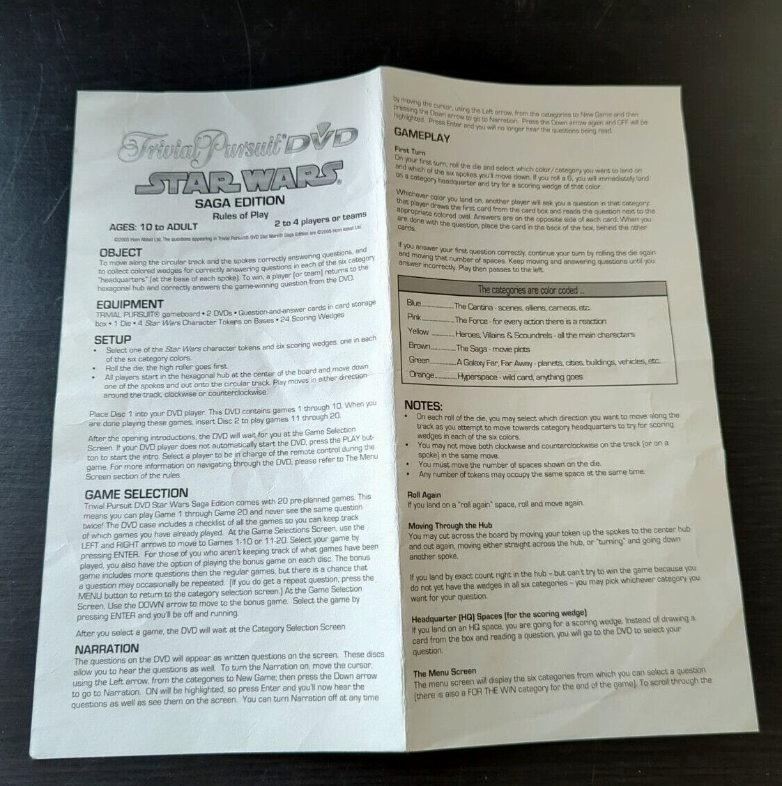 2005 Trivial Pursuit Star Wars Replacement Board & Game Rules
