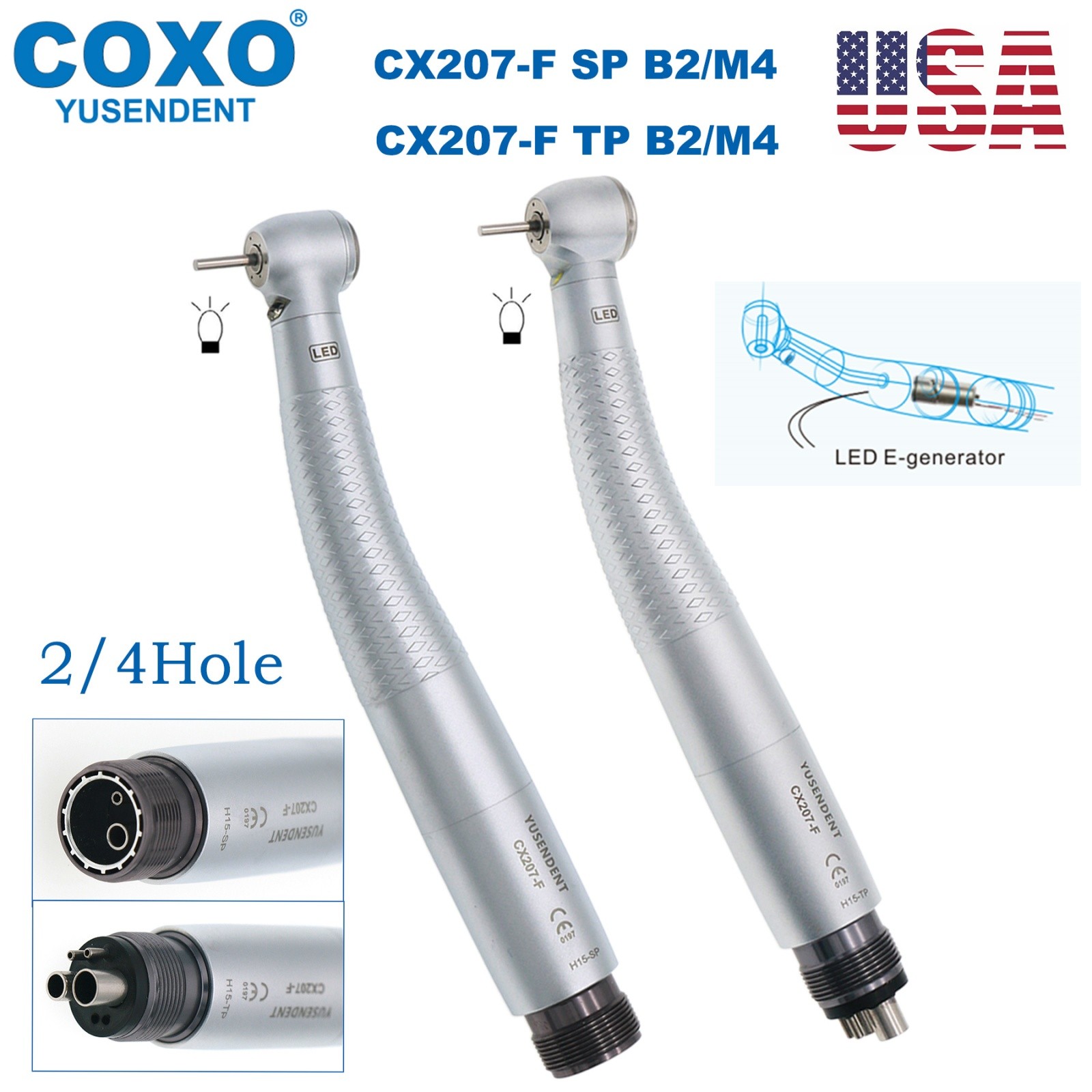 US COXO CX207-F Dental LED High Speed Handpiece Self-power Air Turbine 2/4 Holes