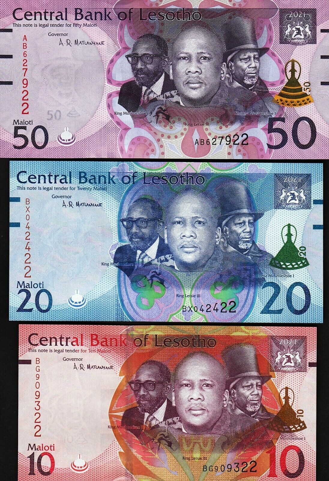 LESOTHO New: 10 20 50 Maloti Banknote 2021 - 2022, P-NEW DESIGN, Last 2 Same UNC